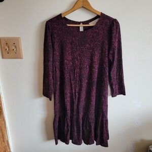 Loft Mini Dress 3/4 Long Sleeve Stretch Maroon Red Purple Floral Medium